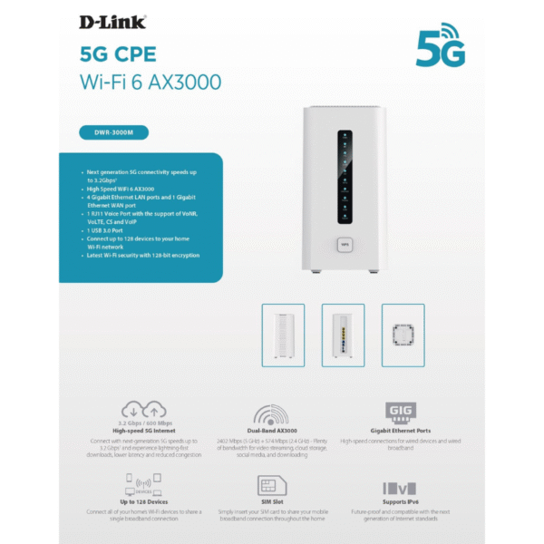 D-Link DWR-3000M 5G/4G CPE WiFI 6 AX3000 Router